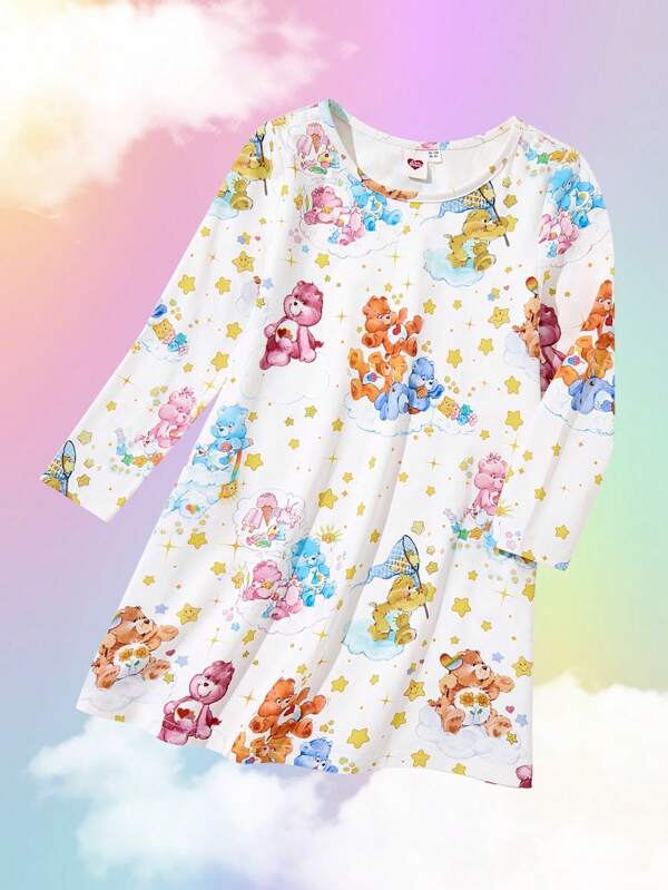 SHEIN X Care Bears Cămașă de noapte cu mânecă lungă, cu mânecă lungă, cu imprimeu cu stele și nori