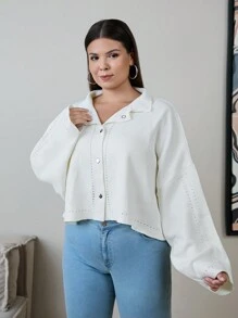 RueChic Cardigan à boutons et à épaules tombantes, coupe oversize, unicolore - Blanc - Voir 6