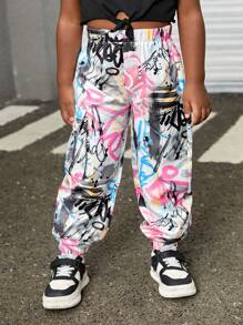 SHEIN Leap Crew Cô Gái Trẻ In Vẽ bậy Túi nắp bên cạnh Quần Cargo - Nhiều màu - Xem 7