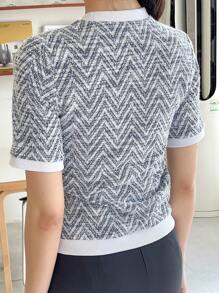 DAZY Color Block Front Button Faux Pocket Casual Crew Neck Short Sleeve Knit Sweater T-Shirt Summer - Blue - View 2