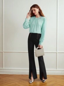 MOTF PREMIUM Blusa con mangas farol, detalles de cadena de pedrería y pliegues plisados - verde menta - Ver 1