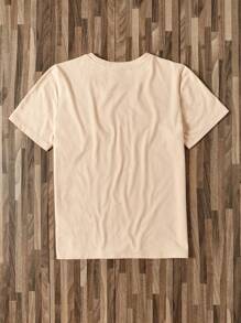 SHEIN LUNE Casual Minimalist Butterfly Football Graphic Round Neck Short Sleeve Loose T-Shirt For Women, Suitable For Summer, Cotton Included - Apricot - View 3