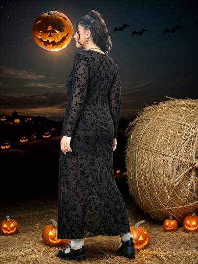 SHEIN EZwear Plus Size Women's Spring & Summer Floral Mesh Long Sleeve Maxi Casual Dress