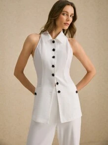 Poéselle Áo sơ mi nữ không tay đơn hàng khuy, hai túi, áo vest hở vai, quần áo thu đông, áo mọi mùa, Effortless Chic Essential, FW24 - trắng - Xem 2