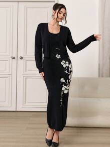 Modelyn 2pcs Women Floral Print Crew Neck Sleeveless Dress & Solid Color Long Sleeve Cardigan Sweater Set