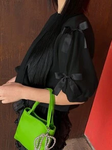 DAZY 女士蝴蝶结宽松短袖休闲 T 恤 - 黑色 - 查看 5