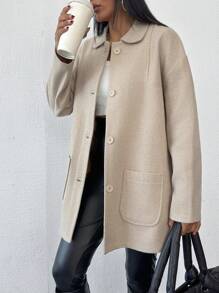 RueChic Cotton Knitted Overcoat Drop Shoulder Double Pocket Coat Easy To Style Perfect For Autumn And Winter - Beige - View 6