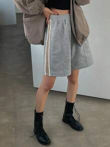 DAZY 女士弹性腰部撞色带短裤休闲宽松短裤 - 灰色 - 查看 2