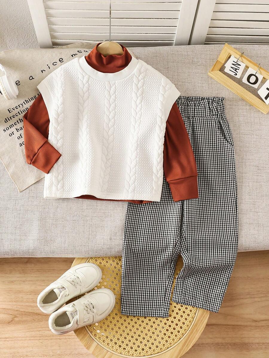 3pcs Young Girl Autumn Career Day Back-To-School Fashion Vintage Korean Style Knit Argyle Vest,Solid Color Rib Sweater&Black White Plaid Pants Suit - Multicolor - View 1