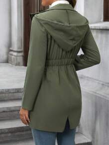 EMERY ROSE Solid Color Hooded Zipper Pocket Waist Drawstring Long Sleeve Mid-Length Windbreaker