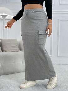 SHEIN EZwear Váy dài thường ngày có túi hộp màu trơn cỡ lớn cho nữ - Xám - Xem 1