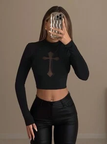 SHEIN ICON Rave Festival Outfits Women Shirts Women's Crew Neck Cross And Mesh Splice Long Sleeve Tight-Fit T-Shirt