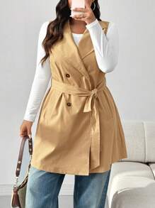 SHEIN EZwear 大码纯色双排扣无袖风衣，初秋 - 卡其色 - 查看 6
