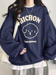 DAZY Women's Casual Cartoon Letter Print Sweatshirt, Spring & Fall,Long Sleeve Tops - Navy Blue - View 2