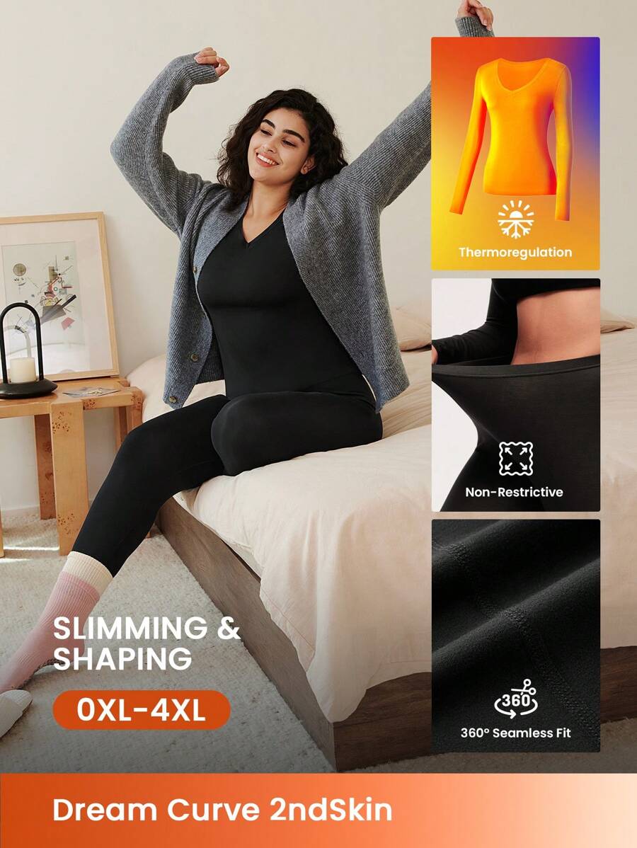 LUVLETTE Plus 女士保暖内衣超柔软底层寒冷天气温暖冬季睡衣套装 V 领上衣和长裤 - 黑色 Warmlette
