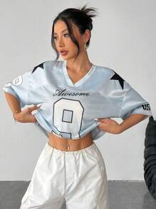 SHEIN PETITE 街头活动缎面字母星星印花男友风格宽松针织 T 恤，棒球服 - 藍色 - 查看 8