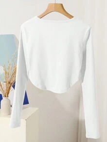 DAZY Áo thun nữ tay dài cổ chữ V một hàng khuy đơn màu, thường ngày, mùa xuân và mùa hè - trắng - Xem 3