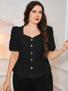 Mulvari Plus Size Summer Elegant Solid Color Cutout Puff Sleeve Blouse - Black - View 4