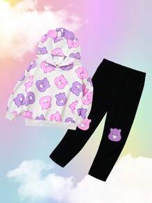 SHEIN X Care Bears 年轻女孩 2 件套卡通熊印花连帽运动衫和紧身裤套装 - 彩色 - 查看 3
