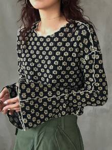 FRIFUL 女式花卉印花纹理喇叭袖长袖 T 恤，返校服装