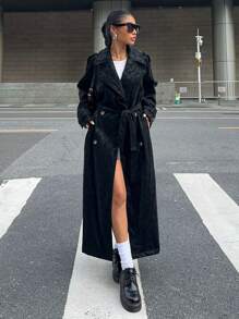 SHEIN EZwear Abrigo de trinchera de PU casual y sencillo de manga larga con cuello de solapa de color liso