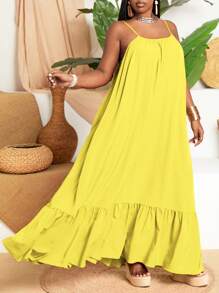 Slaydiva Plus Spaghetti Strap Flowy A-Line Dress - Yellow - View 3