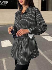 SHEIN Unity 休闲条纹长袖超长系带纽扣衬衫