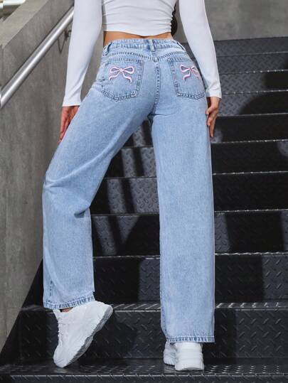 Women's Bow Print Pocket Wide Leg Loose Casual Denim Pants