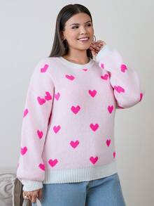 RueChic HAIRY YARN HEART PATTERN PLUS SIZE SWEATER - Hot Pink - View 5