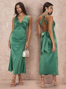 Glamine Deep V Twisted Backless Cross-Slit Ladies Satin Party Dress Long Dress - Champagne - View 2