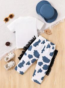 SHEIN 男婴奶牛印花圆领短袖 T 恤和拼布流苏裤休闲 2 件套服装，春夏 - 藍色 - 查看 2