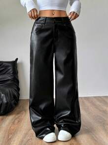 SHEIN Unity 女式时尚 PU 皮革休闲直筒裤，带口袋 - 黑色 - 查看 3