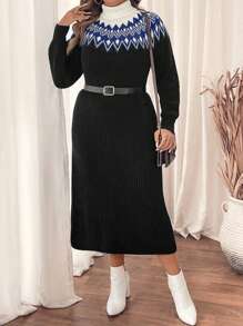 SHEIN LUNE Vestido de suéter manga larga holgado de cuello alto con patrón geométrico Fairisle negro para mujer talla grande, otoño invierno