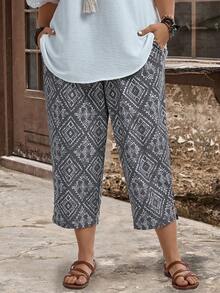 EMERY ROSE Plus Size Women's Vent Pockets Geometry Graphic Graphic Vintage Printed Casual Loose Vacation Summer Pants - Grey - View 4