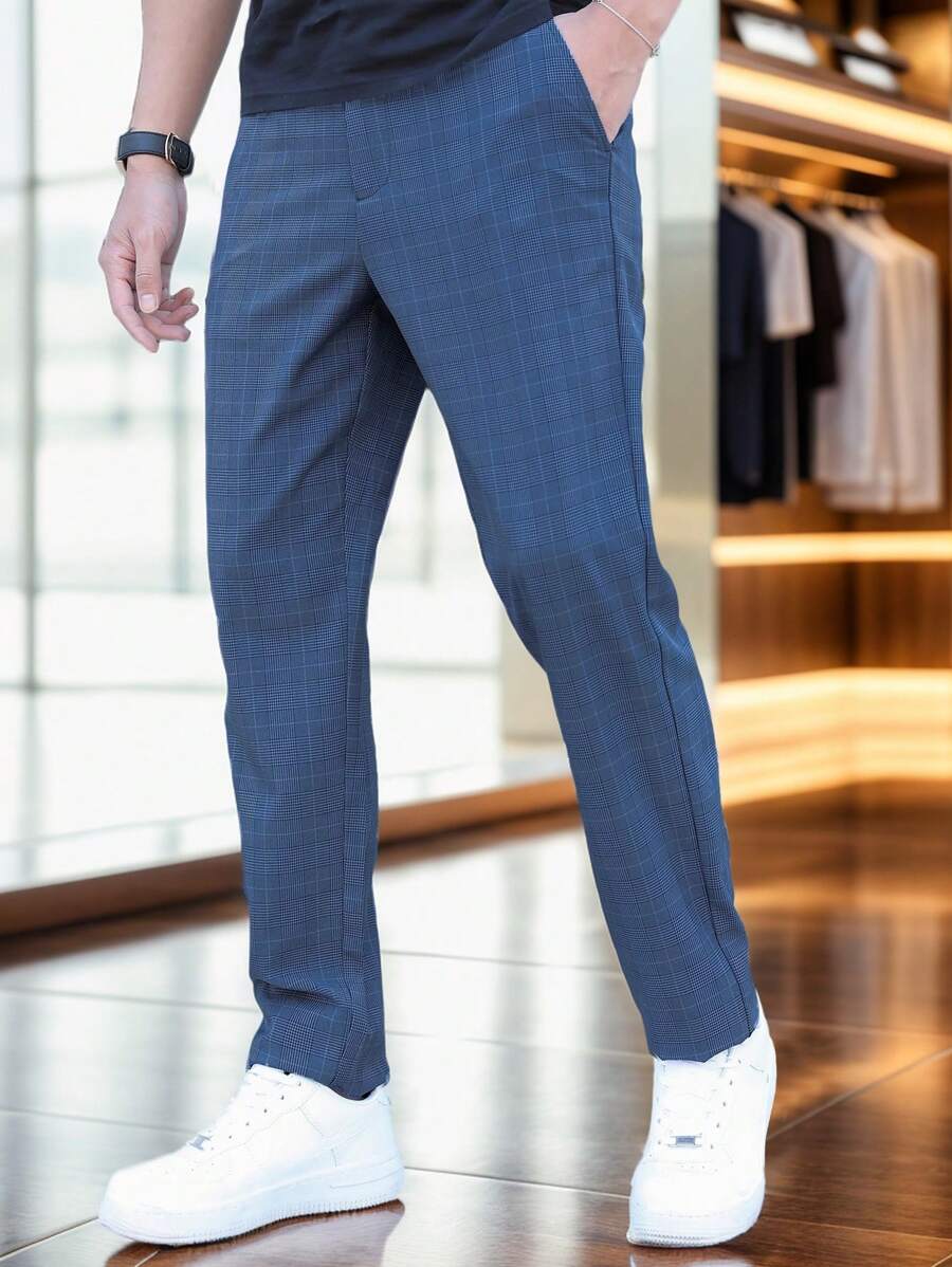 Manfinity Bizformal 男士威爾斯親王格紋斜插口袋定制西褲 - 藍色 - 查看 1