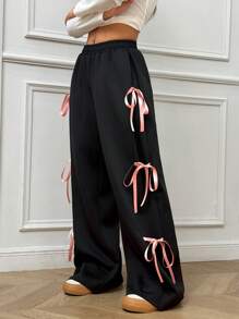 SHEIN EZwear 春夏季甜美可爱的粉色蝴蝶结腰带裤 - 黑色 - 查看 5