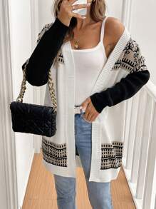 SHEIN LUNE Geometric Print Color Block Waist Belt Cardigan Fall Cloth For Women - Multicolor - View 5