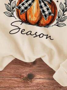 Tween Girl Fall Pumpkin & Letter Print Crewneck Sweatshirt For Halloween - Apricot - View 4