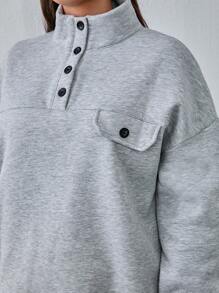 RueChic 100% Cotton Plus Cottnline Drop Shoulder Button Down Flap Sweatshirt - Grey - View 3