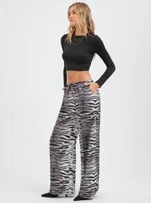 SHEIN EZwear 黑白虎纹腰贴宽松直筒裤，秋冬 - 黑與白 - 查看 6
