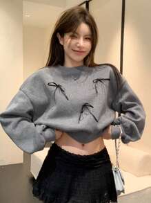 DAZY Sudadera de manga larga con lazo grande decorado, para otoño/invierno, blusas de manga larga, ropa de mujer de otoño Y2k - Gris - Ver 7