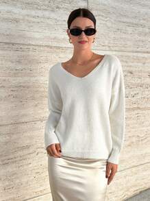 SHEIN Cottnline Pulover pulover elegant, cu gât rotund, cu dantelă la spate - alb - Vizualizare 3