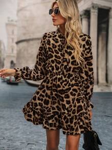 SHEIN LUNE Women's Spring & Summer Leopard Print Frill Collar Tie-Front Short Wrap Dress - Multicolor - View 3