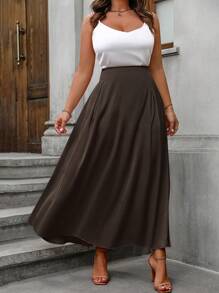 SHEIN Unity Plus Size Satin Elegant Women Skirt Maxi Women - Coffee Brown - View 5