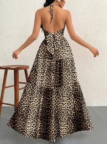 SHEIN Privé Women's Leopard Print Backless Long Dress,Dress,Floral Print Halter Neck A-Line Dress,Summer Long Dress, Seaside Long Dress, Women Long Dress, Backless Long Dress ,Hawaiian Long Dress For Daily,Parties,Dating,Wiesn Bierfest,Summer - Multicolor - View 2