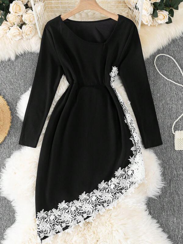 SHEIN Clasi Vestido casual elegante de punto con manga larga, negro, con parches florales, entallado, de talla grande, vestido de trabajo informal para mujer