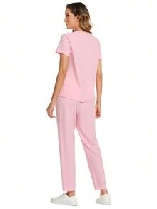 Short-Sleeved Scrubs Uniform Set With Notched V-Neck And Pants - Baby Pink - View 2