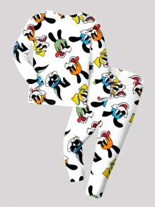 SHEIN 年轻男孩简约卡通印花紧身圆领长袖上衣和长裤厚家居服套装，适合秋冬季 - 彩色 - 查看 2