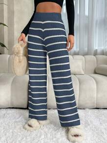Chiquease Women High Waist Striped Straight Loose Knit Sweater Pants