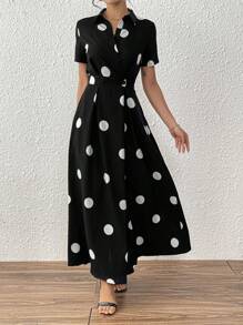 SHEIN Clasi Elegant Polka Dot Print Button Design Dress, Summer - Black and White - View 3